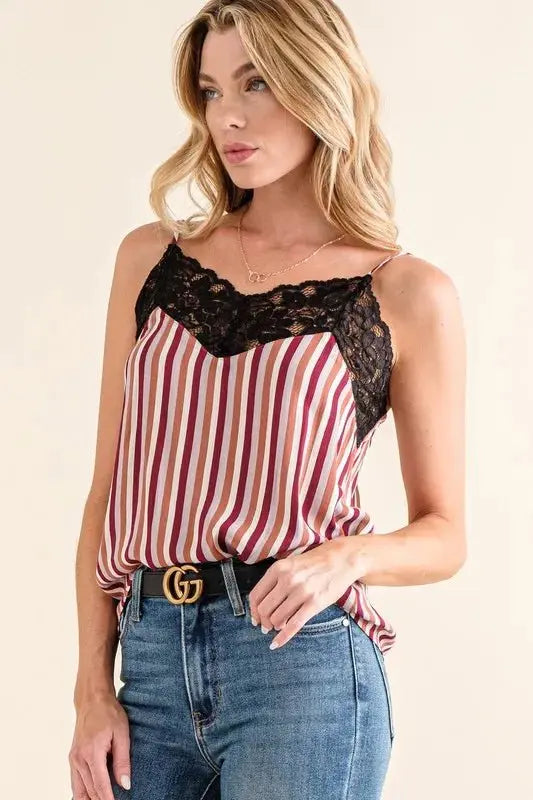 Cami Top - Stripe Print & Lace Detail - Sleeveless