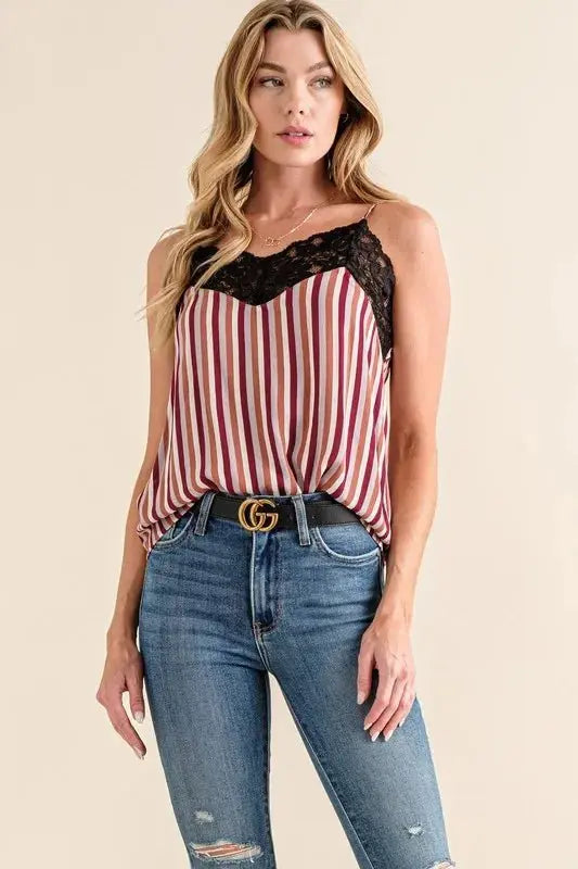 Cami Top - Stripe Print & Lace Detail - Sleeveless