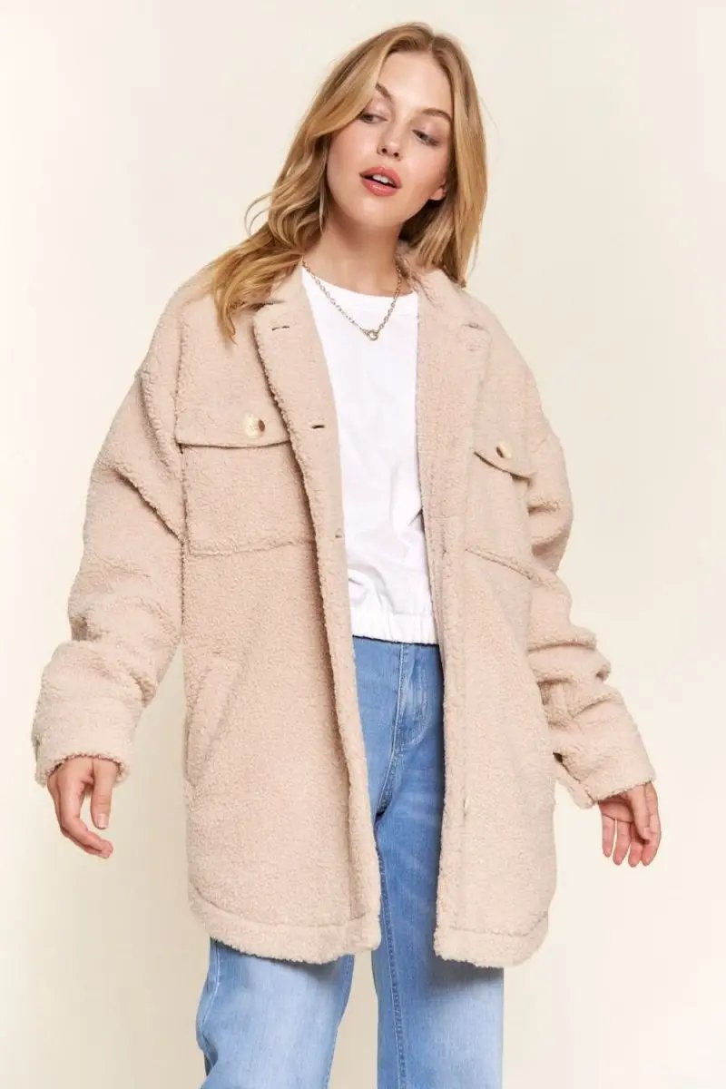 Trendsi And The Why Teddy Sherpa Shacket - Button Down, Curved Hem Outerwear