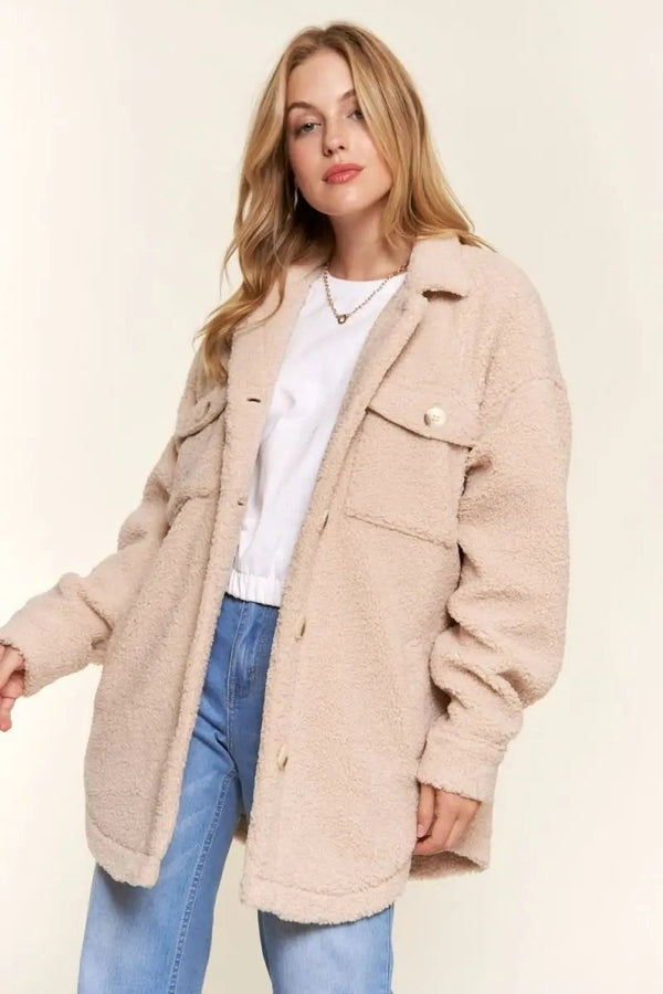 Trendsi And The Why Teddy Sherpa Shacket - Button Down, Curved Hem Outerwear