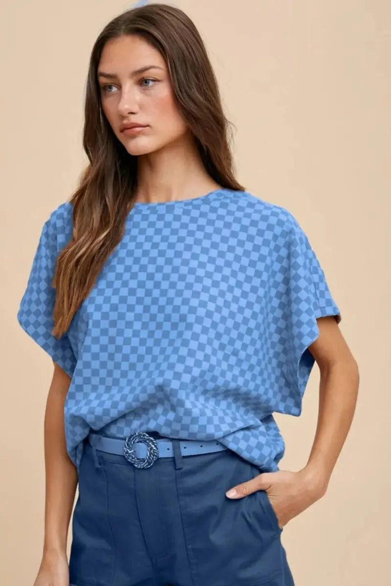 Trendsi Annie Wear Checkered Round Neck Short Sleeve T-Shirt