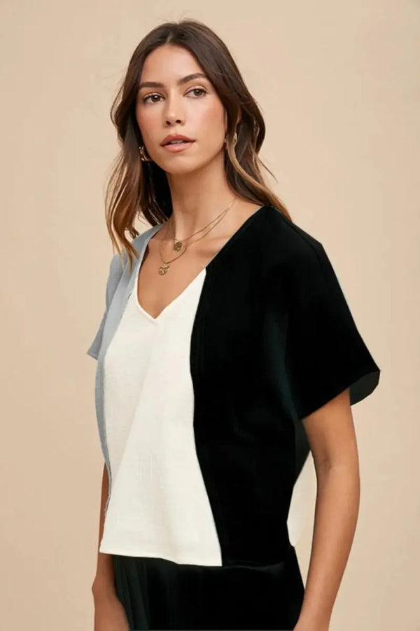 Trendsi Annie Wear Color Block Cotton Gauze V-Neck Top for