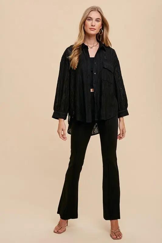 Trendsi Annie Wear Openwork Button Down Drop Shoulder Shirt