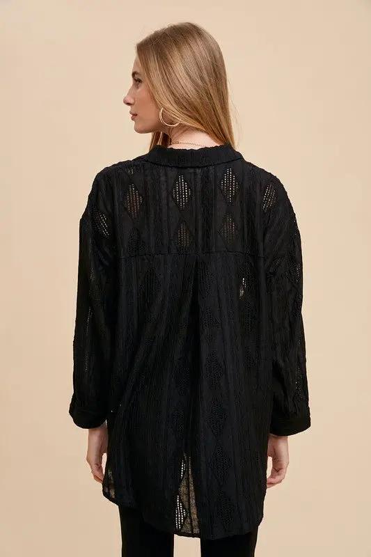 Trendsi Annie Wear Openwork Button Down Drop Shoulder Shirt