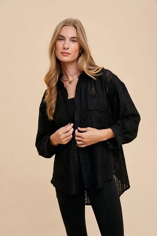 Trendsi Annie Wear Openwork Button Down Drop Shoulder Shirt