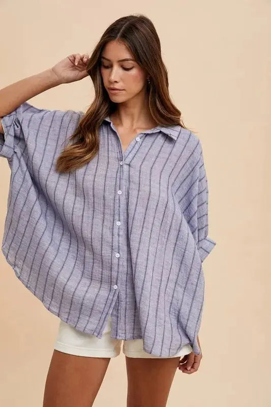 Trendsi Annie Wear Striped Button Up Half Sleeve Shirt for