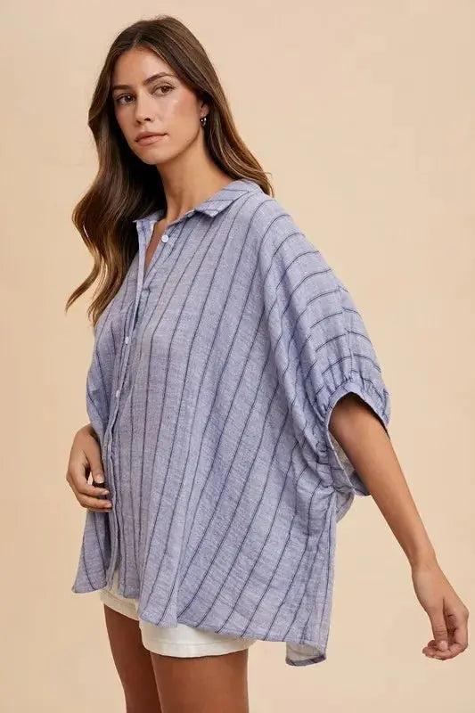 Trendsi Annie Wear Striped Button Up Half Sleeve Shirt for