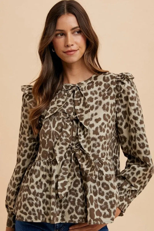 Trendsi Annie Wear Tied Leopard Round Neck Peplum Blouse