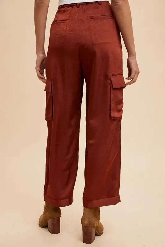 Trendsi Annie Wear Wide Leg Satin Cargo Pants Burgundy S