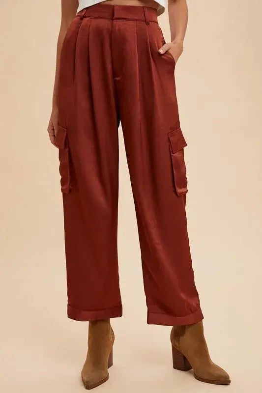 Trendsi Annie Wear Wide Leg Satin Cargo Pants Burgundy S