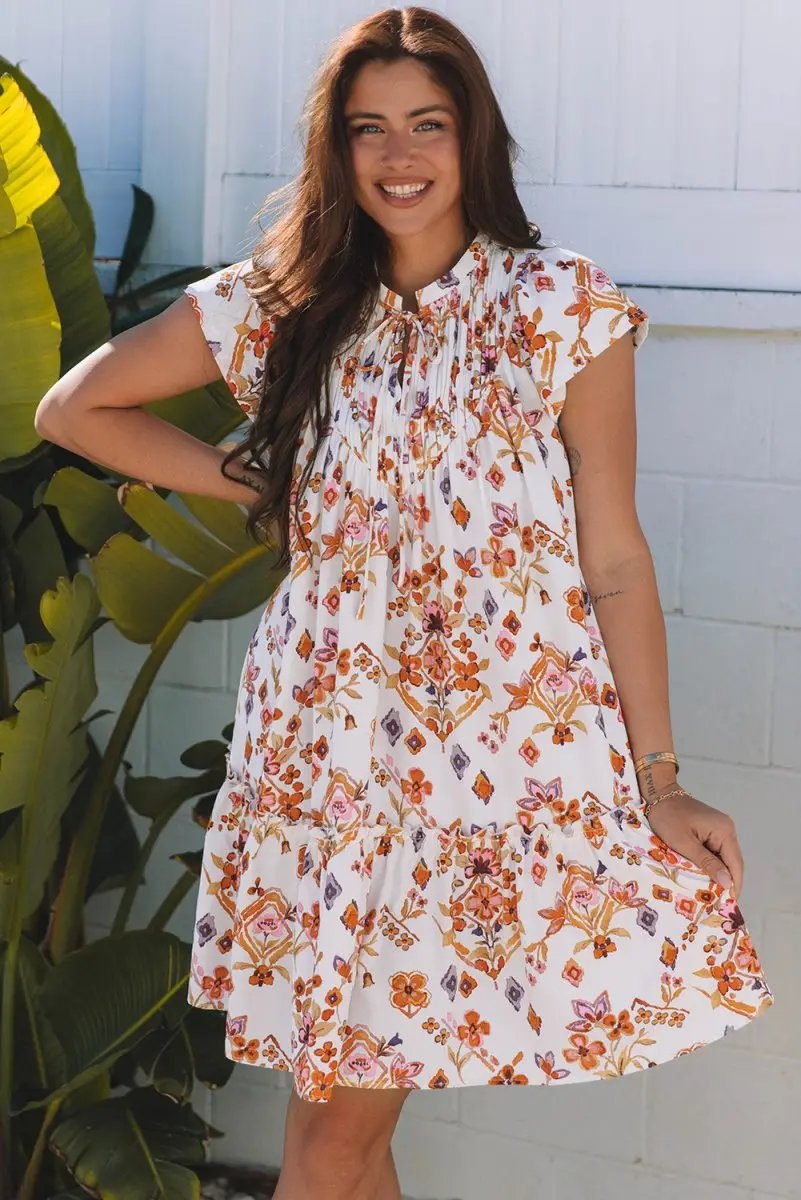 Love Salve  Apricot Floral Geometric Print Ruffled Trim