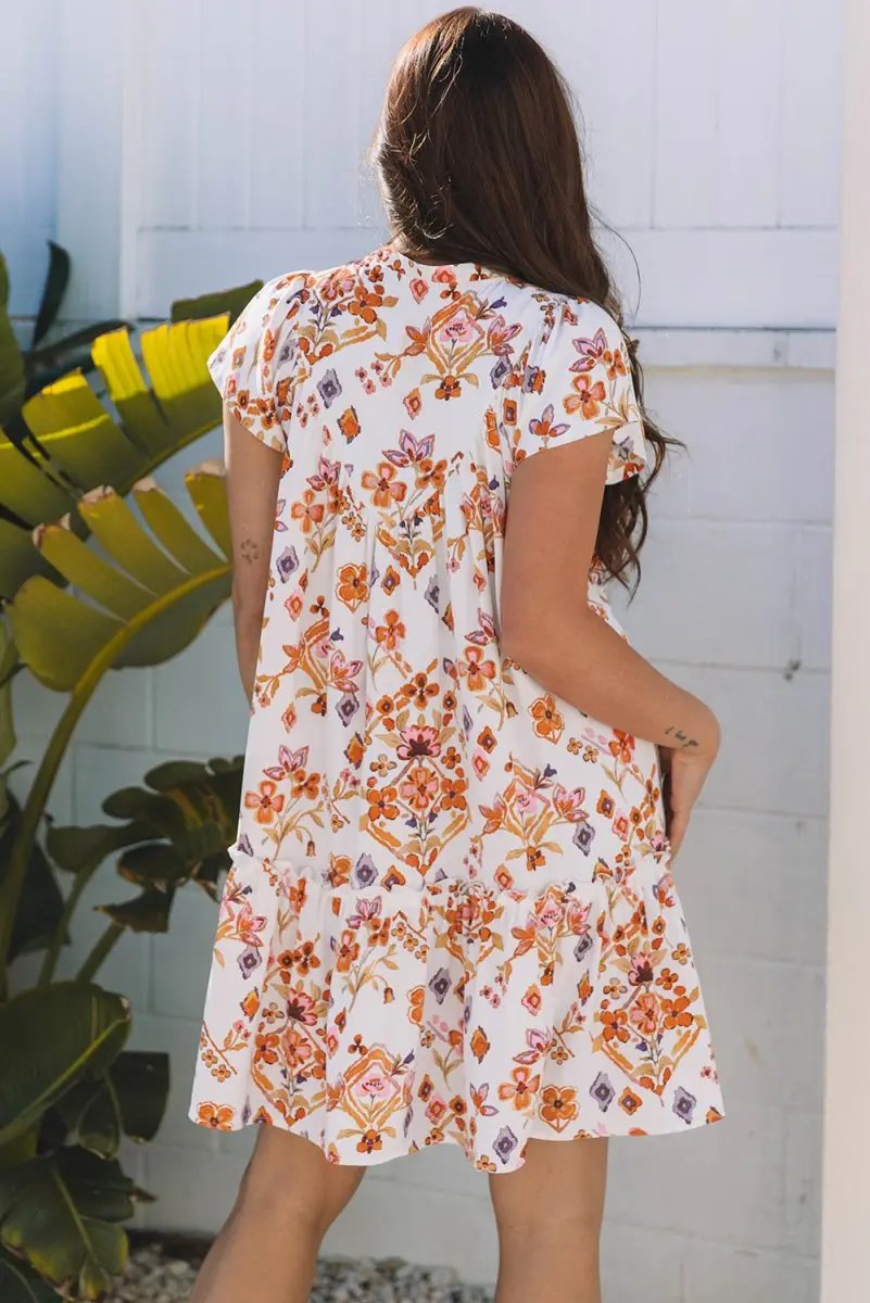 Love Salve  Apricot Floral Geometric Print Ruffled Trim