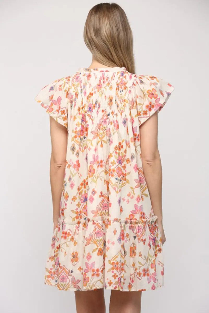 Love Salve  Apricot Floral Geometric Print Ruffled Trim