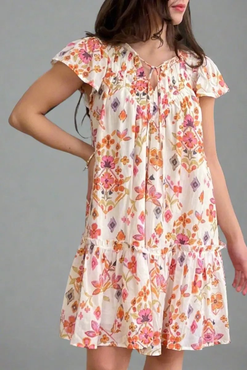 Love Salve  Apricot Floral Geometric Print Ruffled Trim