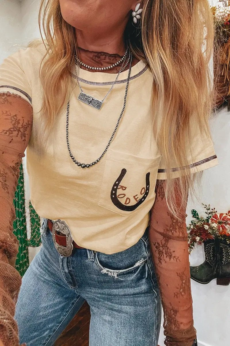 Love Salve  Apricot RODEO Horseshoe Embroidered Patch Pocket