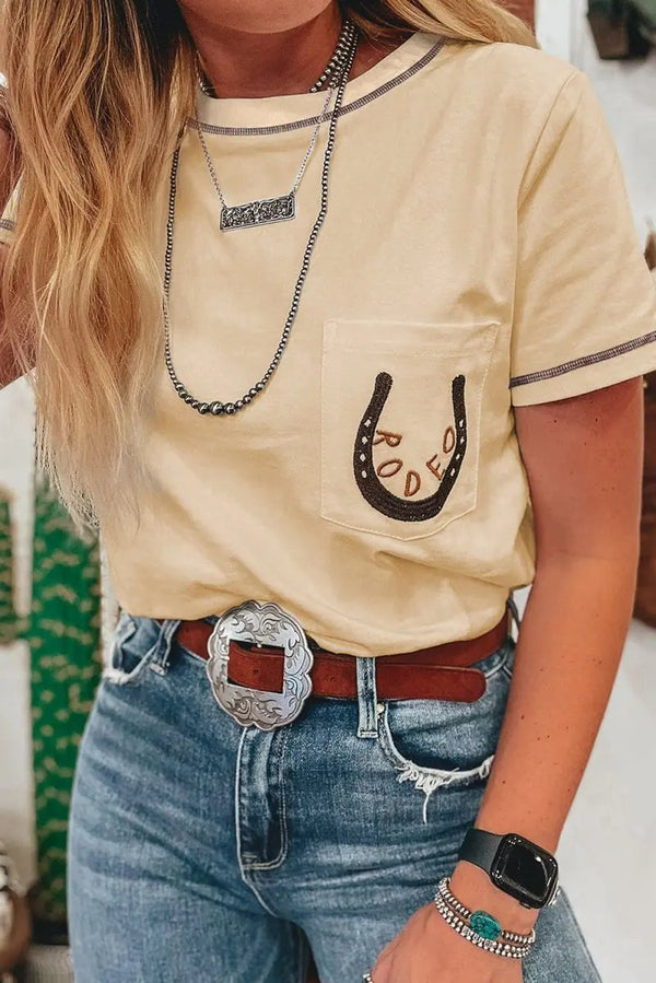 Love Salve  Apricot RODEO Horseshoe Embroidered Patch Pocket