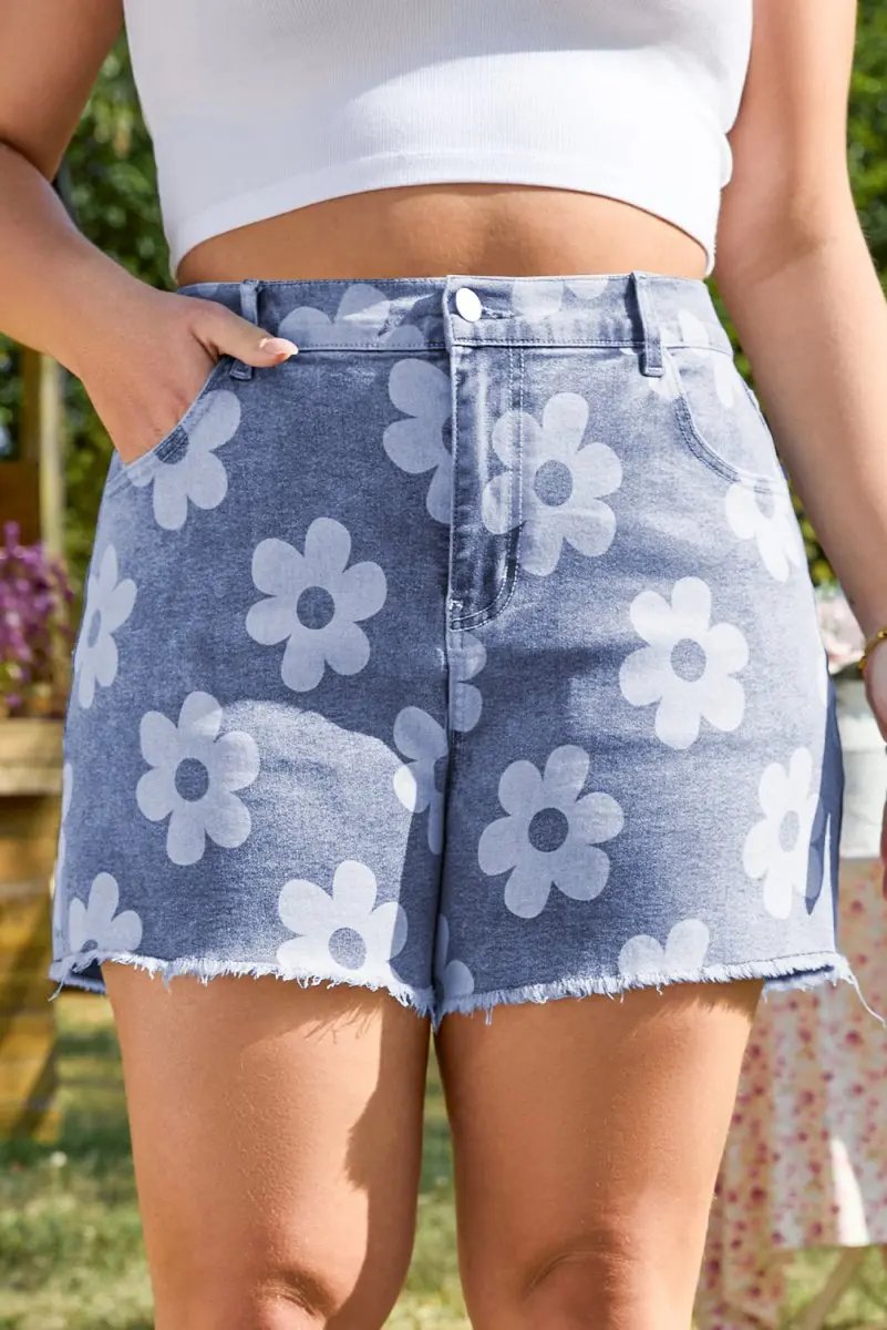 Love Salve  Ashleigh Blue Floral Pattern High Waist Raw Hem