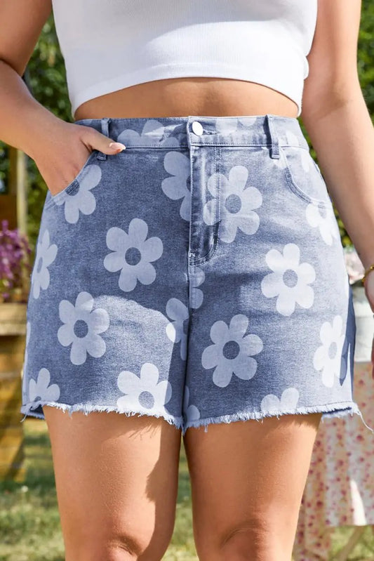 Love Salve  Ashleigh Blue Floral Pattern High Waist Raw Hem