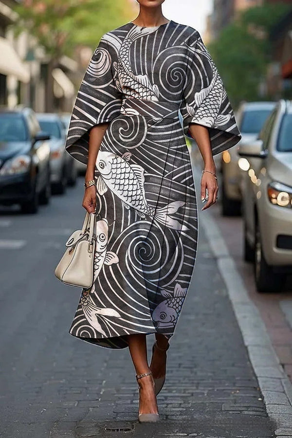 Geometric Print Batwing Sleeve Flowy Maxi Dress – 12 Styles, XS–XXXL