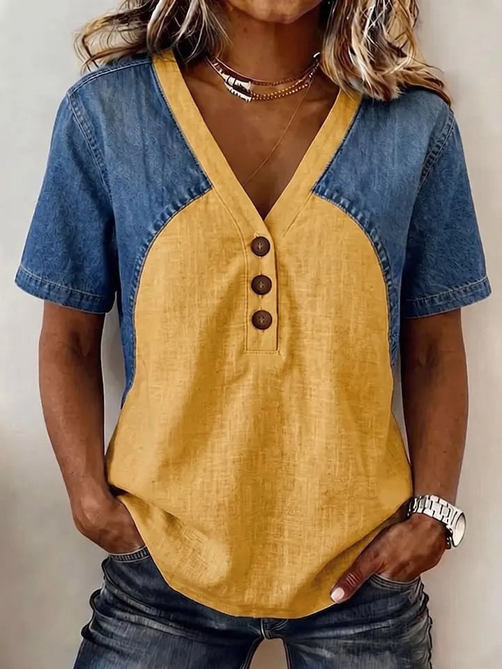 Women's Loose Denim Patchwork Color-Block T-Shirt