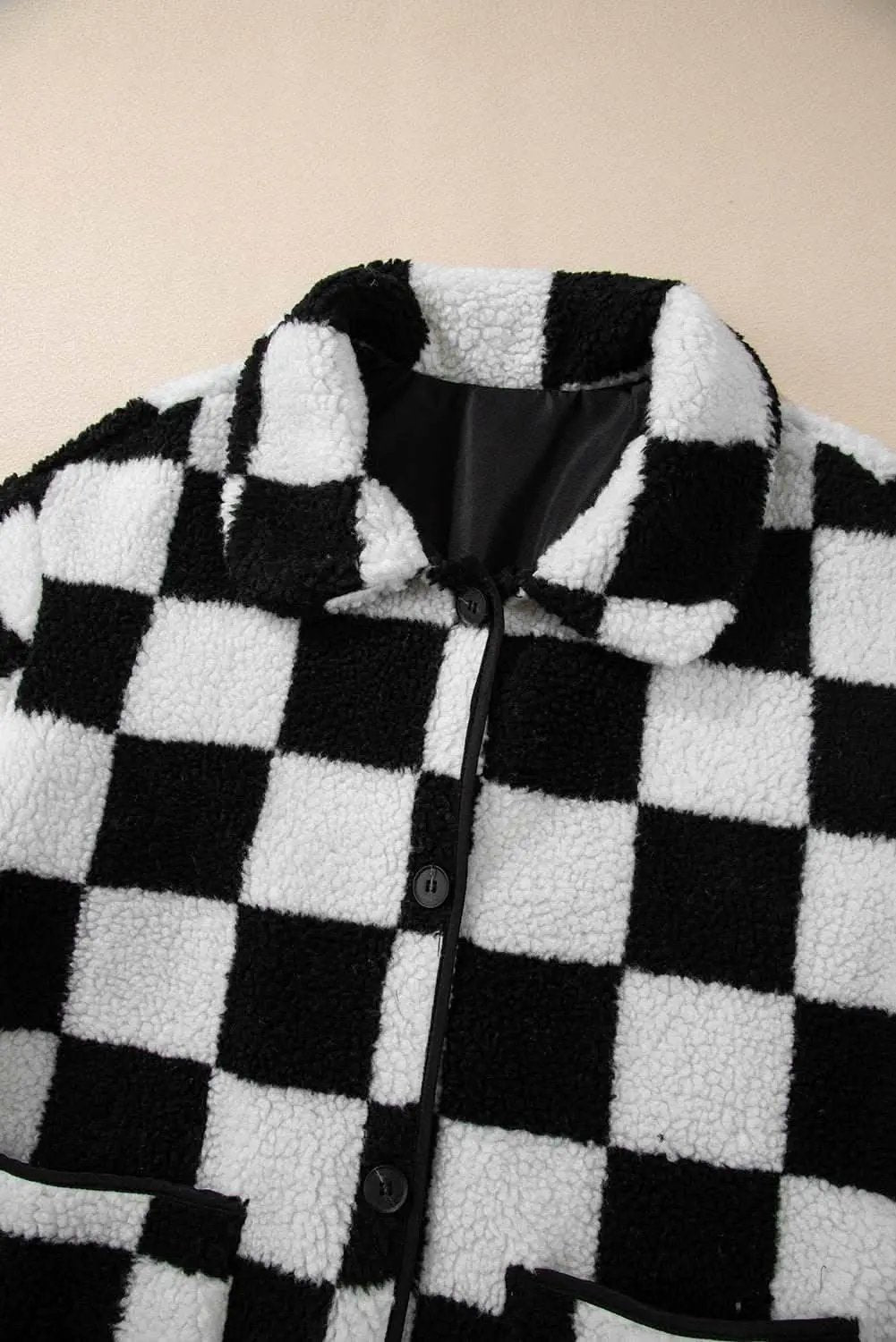 Women's Jacket - Black Checkered Fleece with Side Pockets - Casual Style