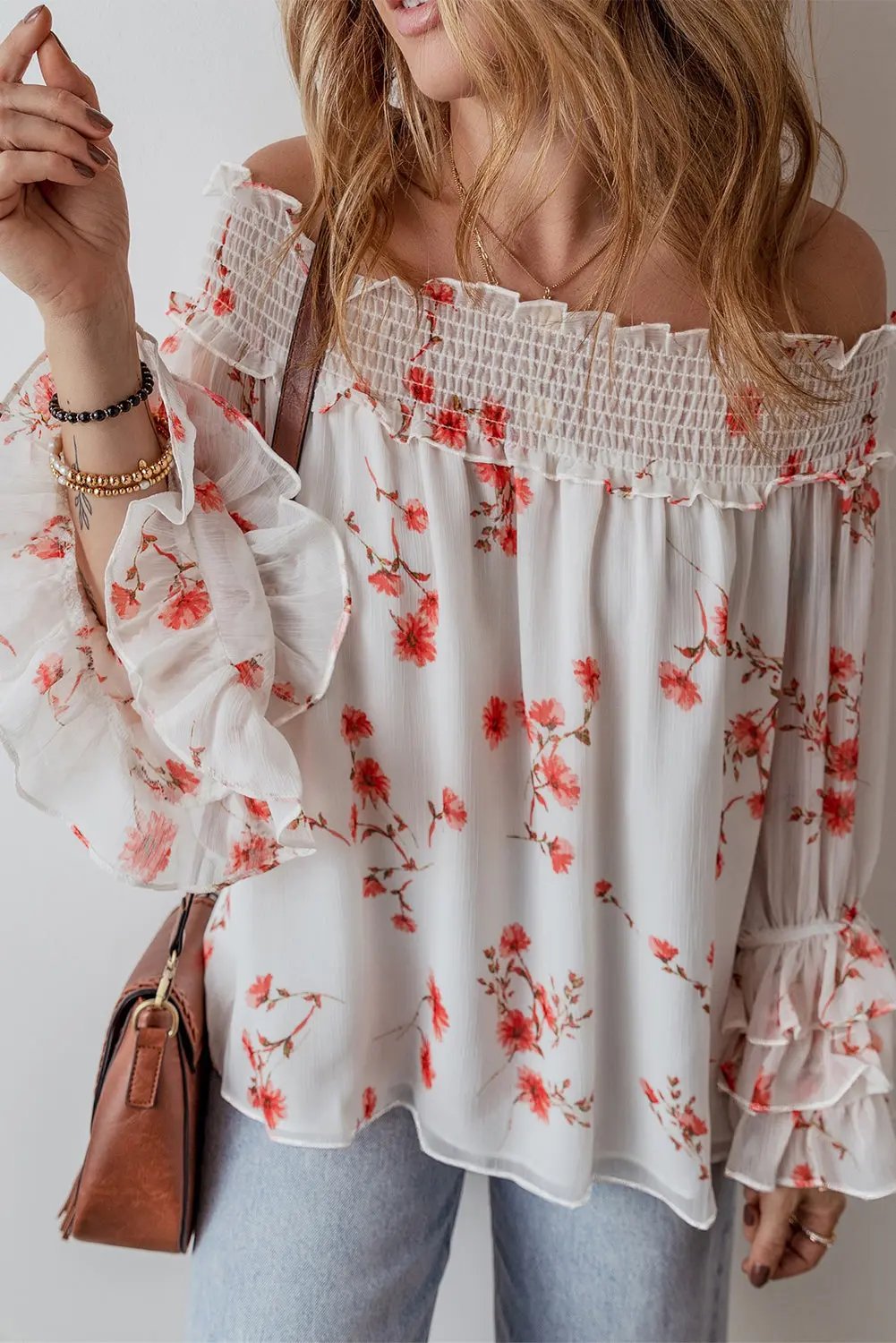 Blouse - Floral Ruffle Sleeve Off Shoulder - Daily Wear