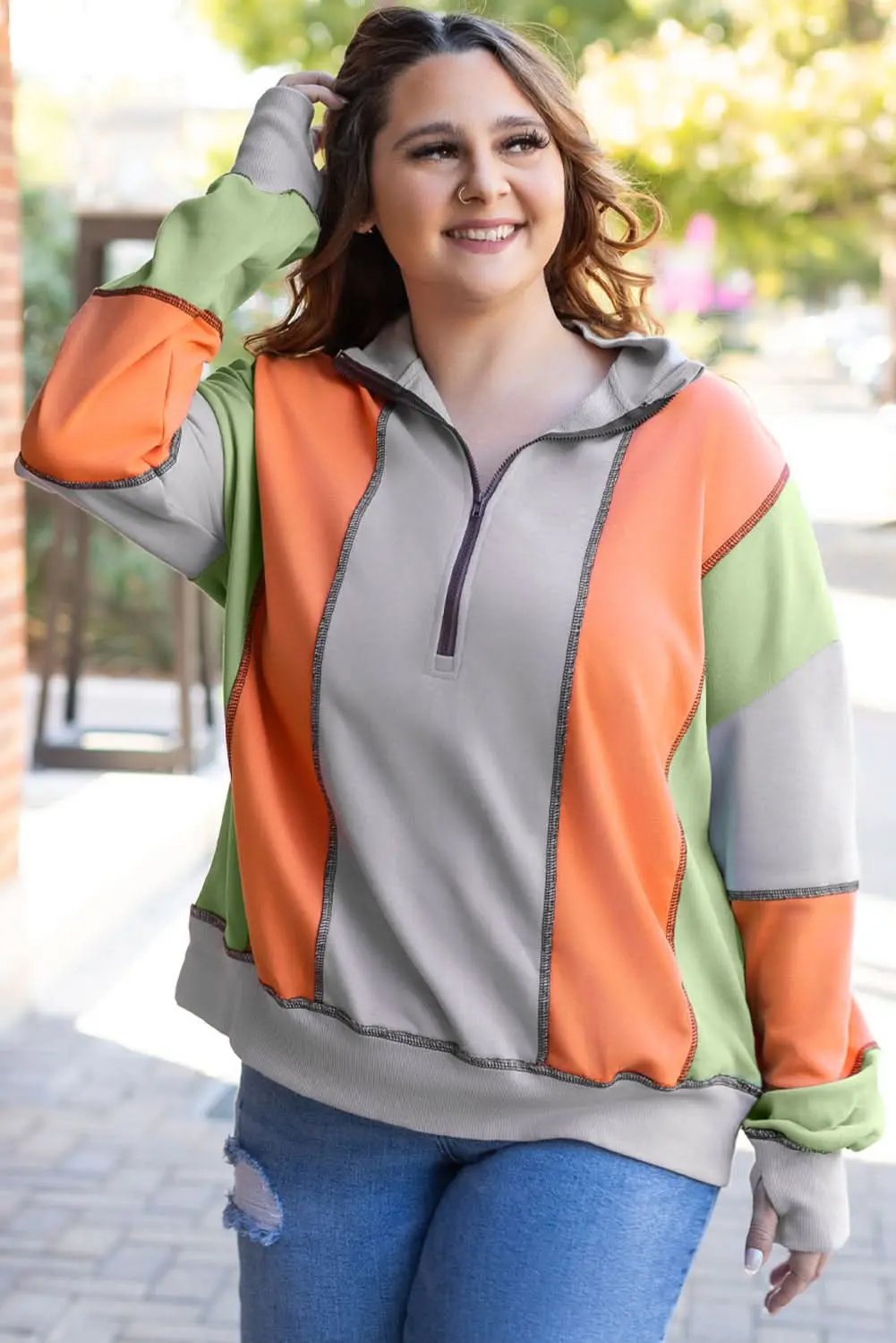 Love Salve Grey Colorblock Women's Half Zip Sweatshirt Cozy Fit Stitch Detail