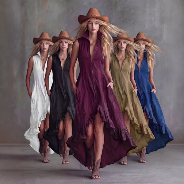 Lapel Collar Zip-Front Ruffle Hem Boho Dress