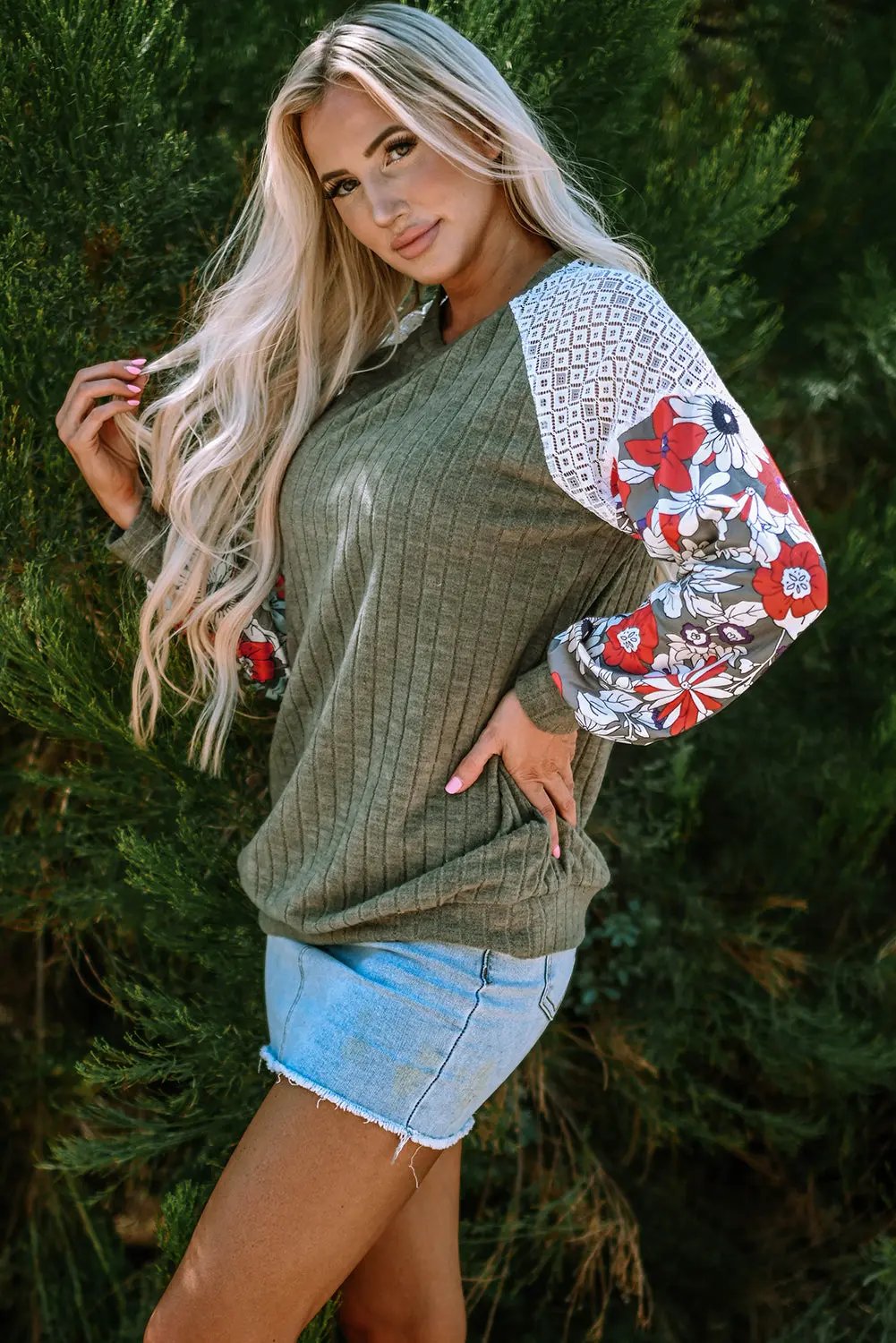 Blouse - Patchwork Ribbed Long Sleeve Floral Top