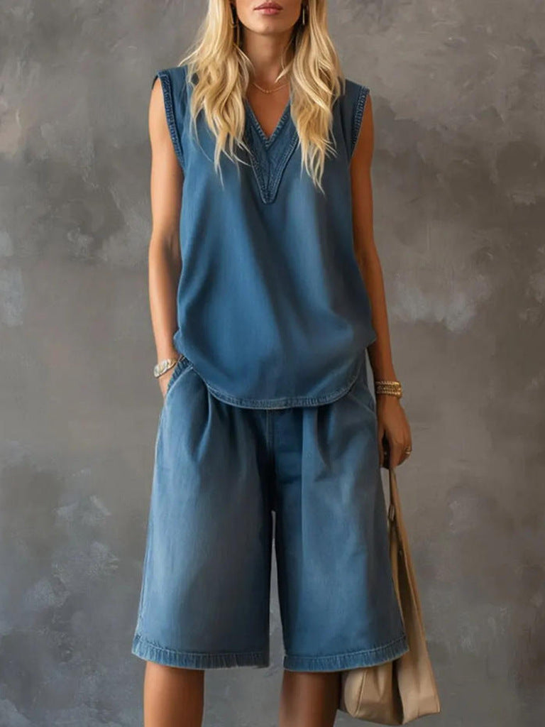 Women's V-Neck Sleeveless Loose Top & Wide-Leg Shorts Set
