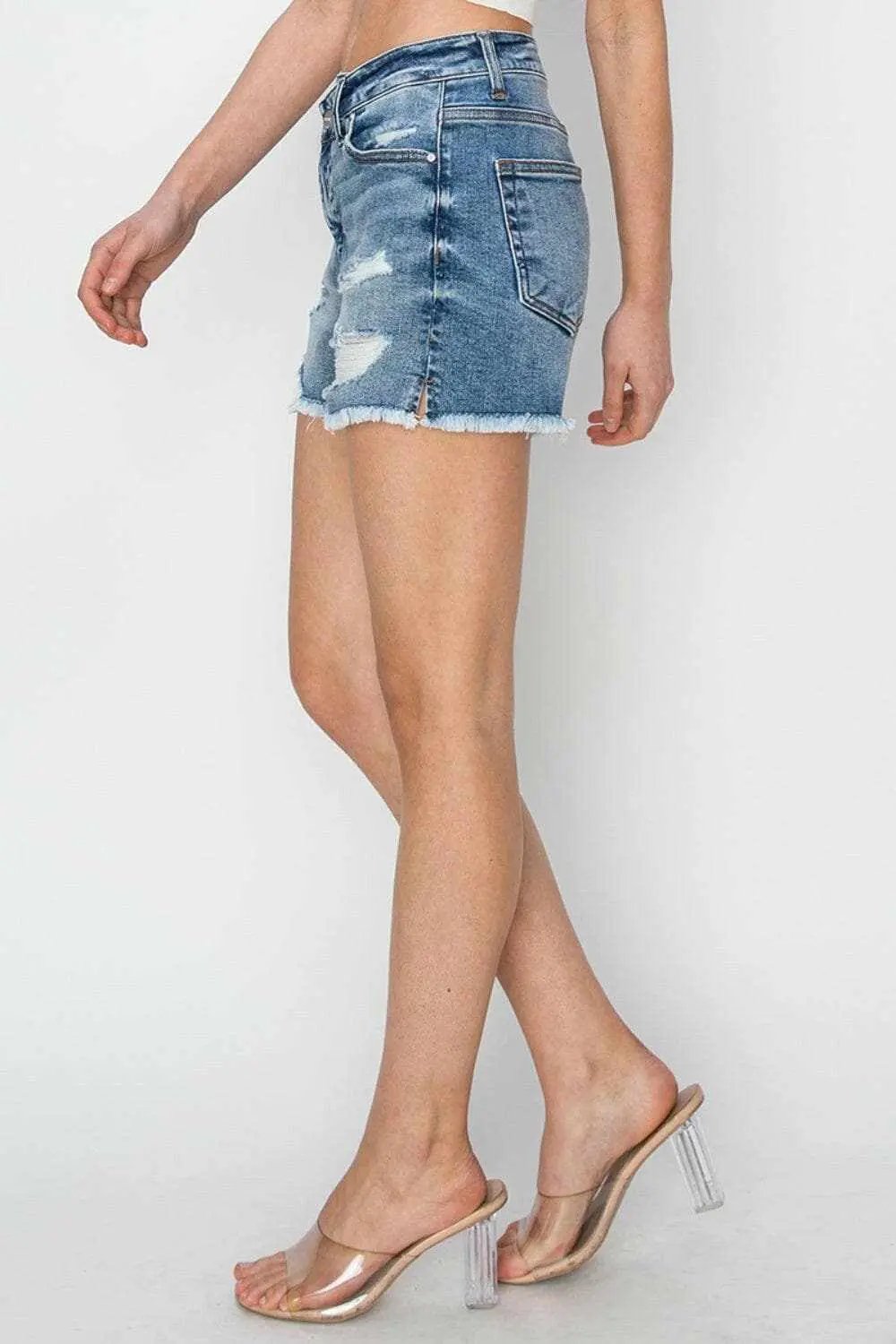 Trendsi Risen Denim Shorts Women's Casual Frayed Hem Stepped Waist