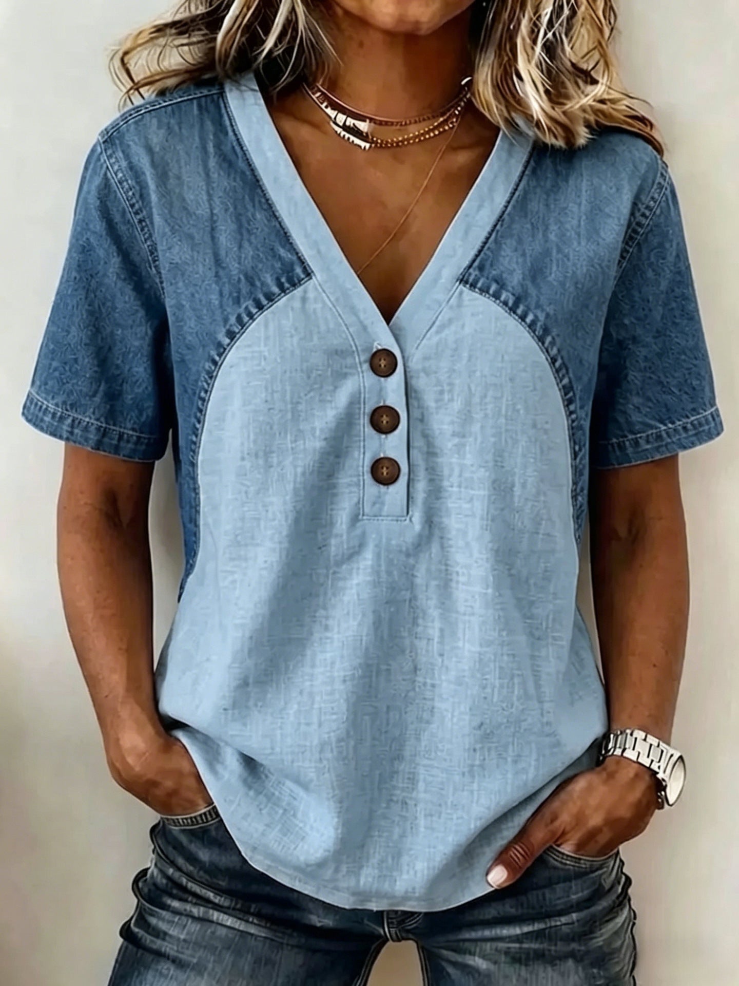Women's Loose Denim Patchwork Color-Block T-Shirt