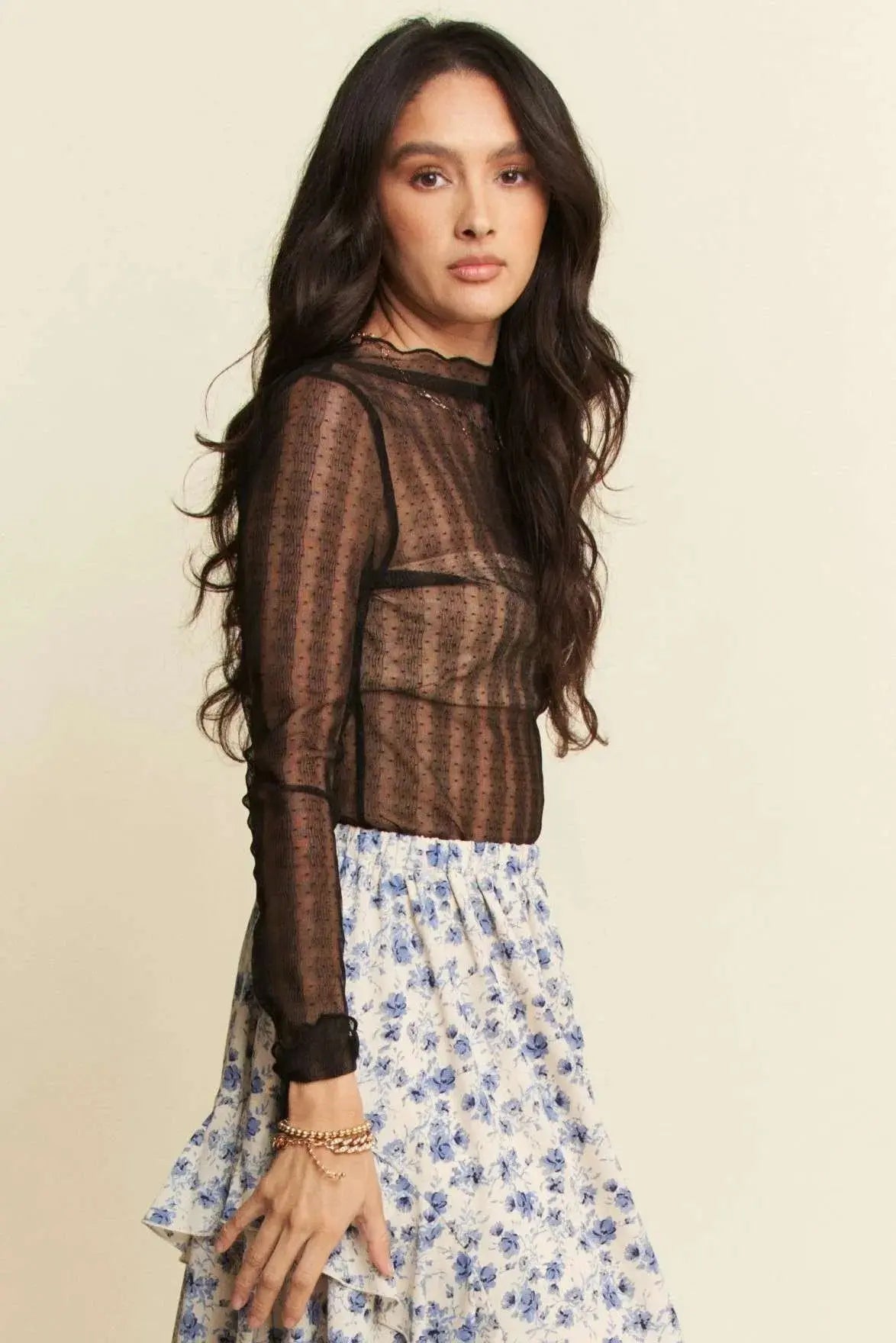 Mesh Top - Sheer Dotted Lace Turtle Neck - Stretchy & Stylish