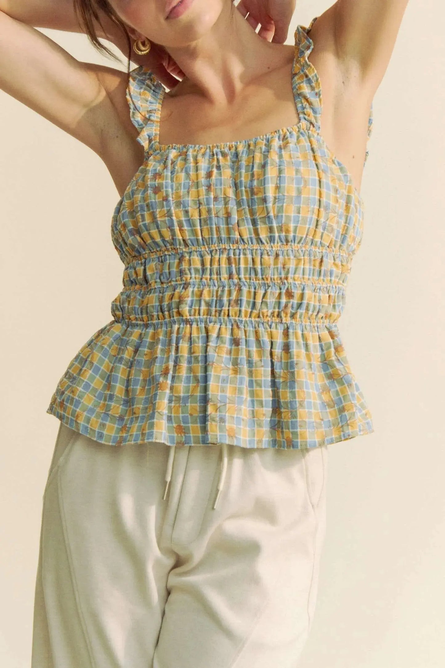 Tank Top - Plaid Smocked Ruffle Strap - Cute