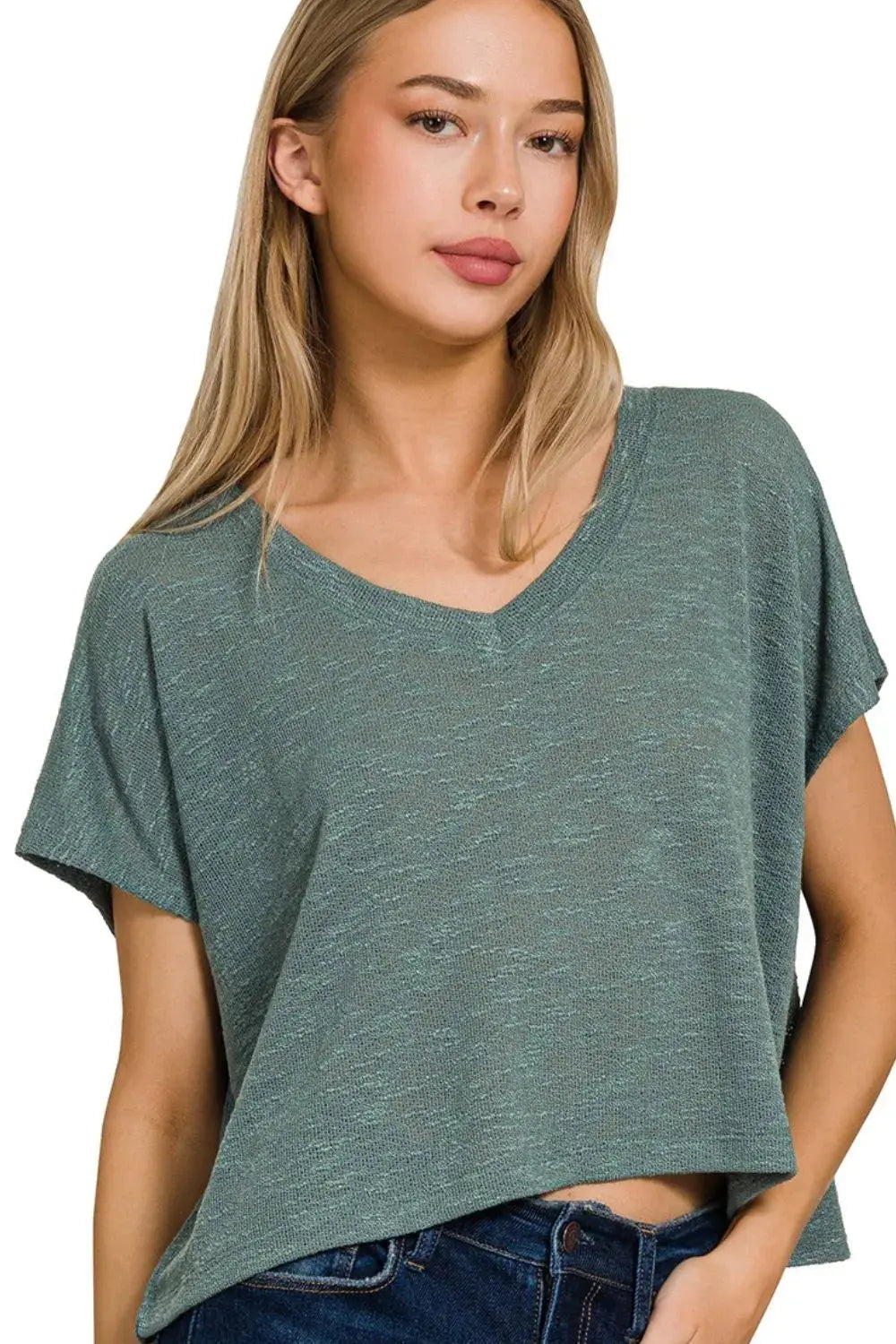 Crop Top - Hacci Slub V-Neck - Drop Shoulder Style