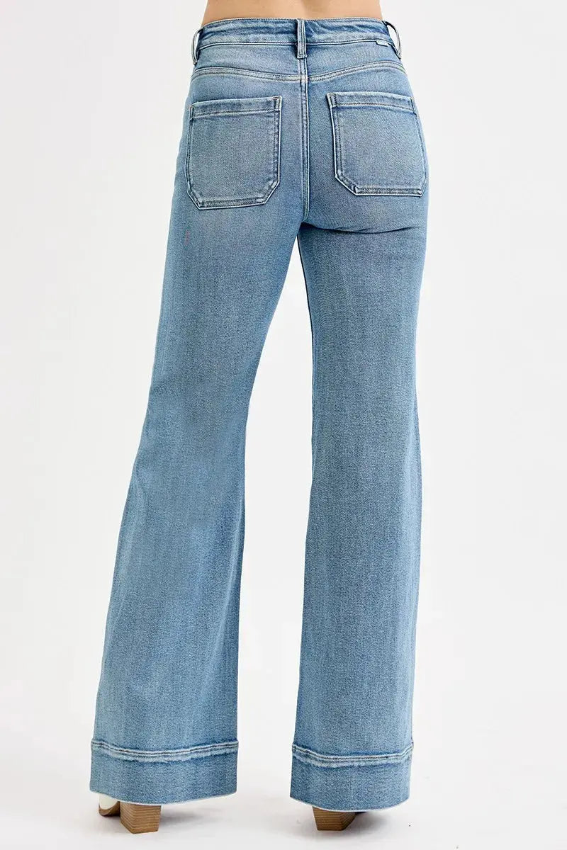 Jeans - High Rise Plus Size Patch Pocket - Wide Flare Denim
