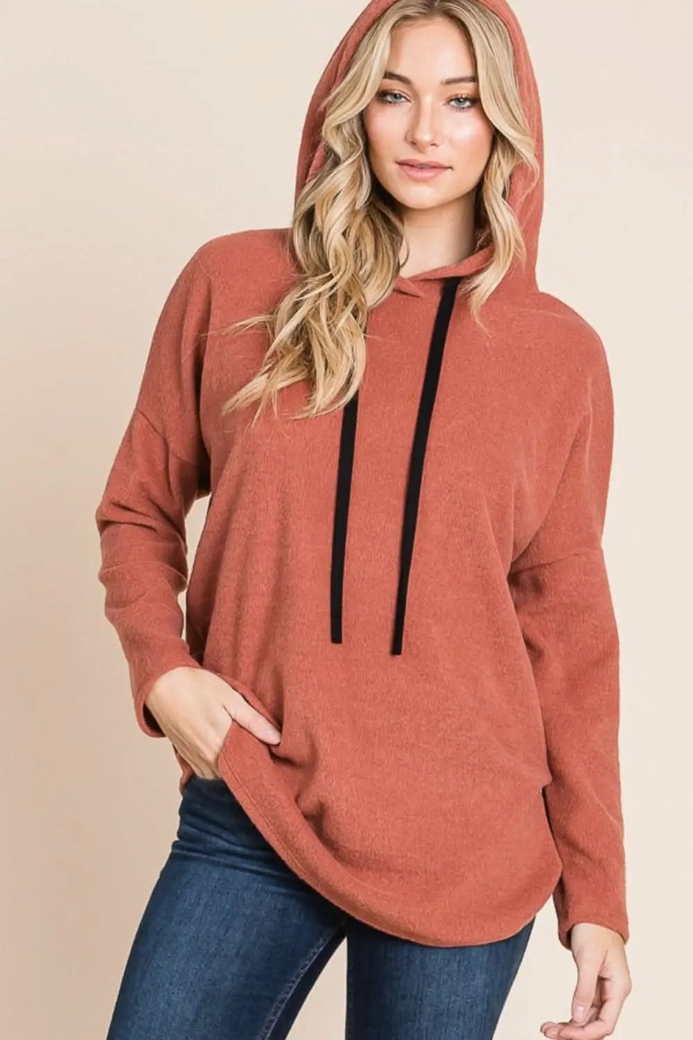 Trendsi Contrast Knit Hoodie Women's Casual Drop Shoulder Sweatshirt - Comfy & Stylish