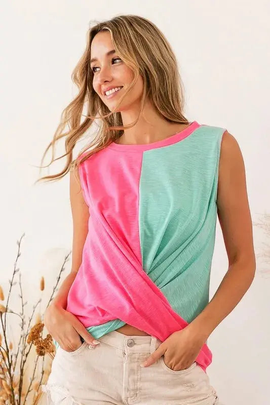 Women's Tank Top - Slub Terry Color Block Twisted - Casual