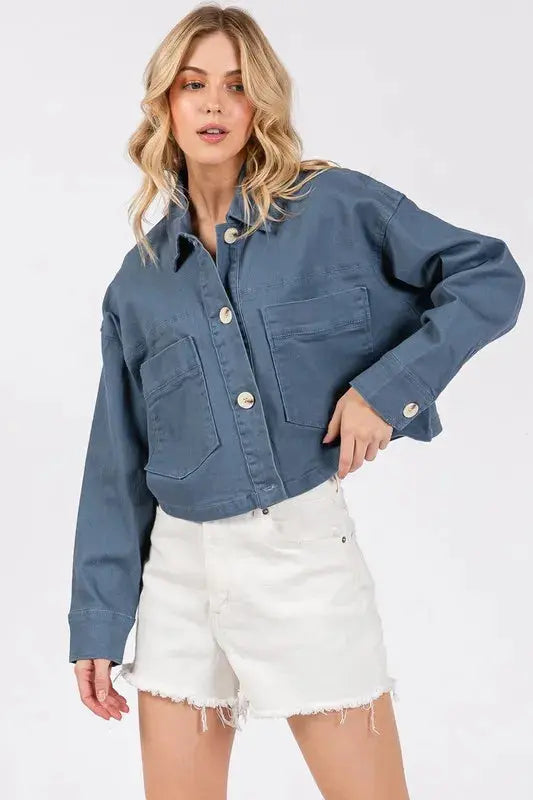 Denim Cropped Jacket - Button Down with Pockets - Casual Trendy
