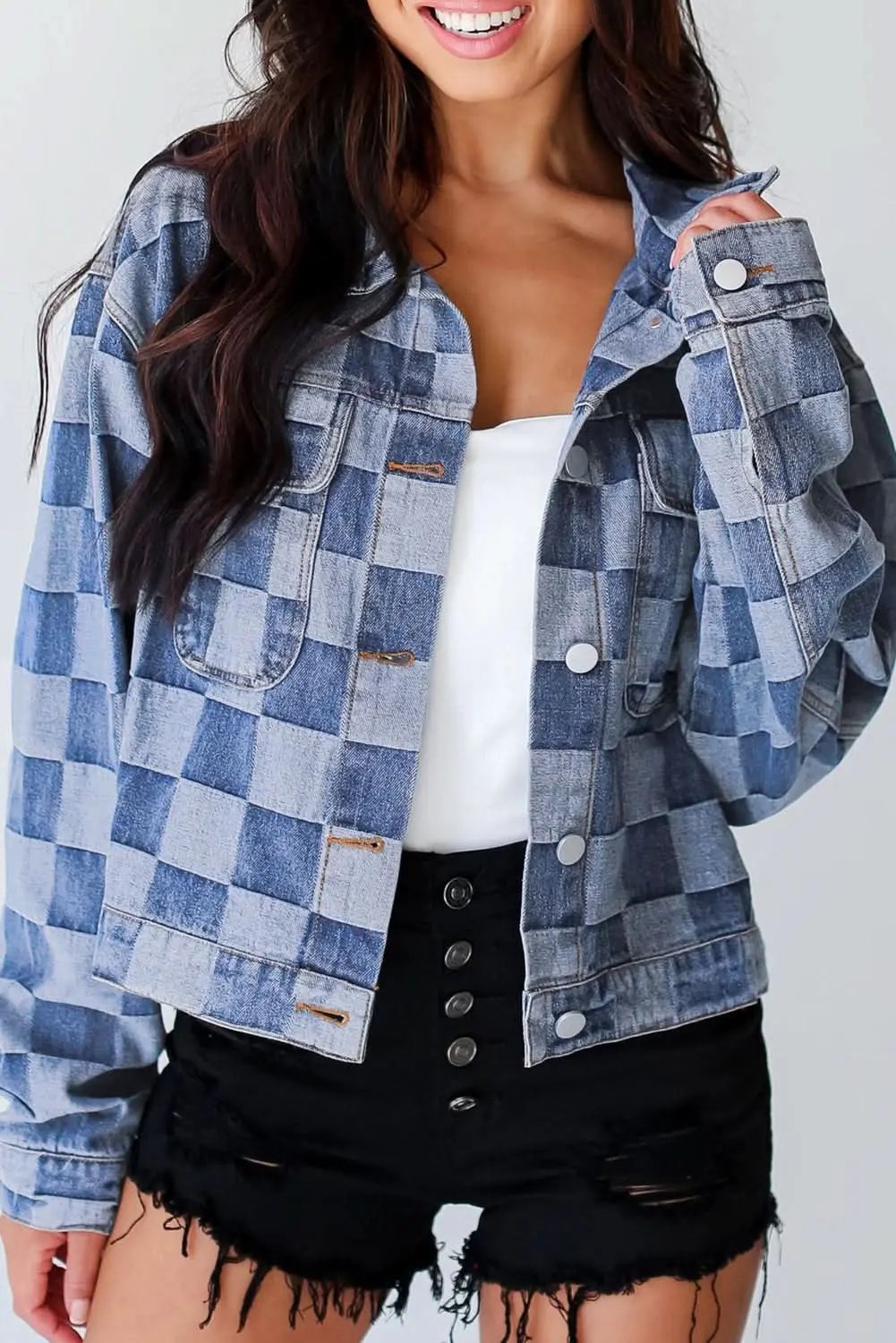 Love Salve Denim Jacket Women's Daily Wear Checkered Patchwork Button-Up Casual Spring