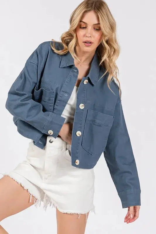 Denim Cropped Jacket - Button Down with Pockets - Casual Trendy