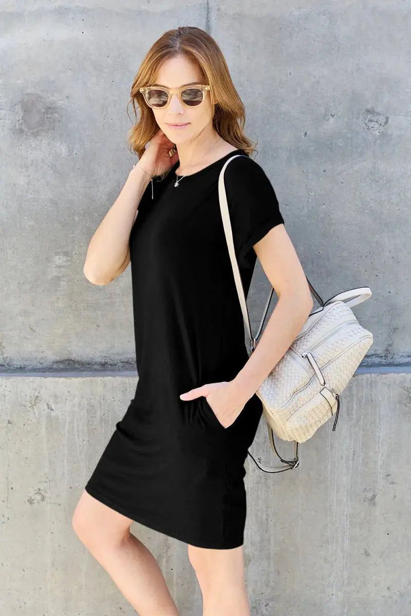 Trendsi Basic Bae Bamboo Dress Black Small Round Neck with Pockets