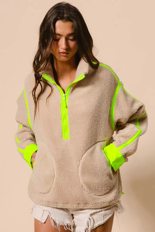 BiBi Contrast Edge Half Zip Up Sherpa Jacket