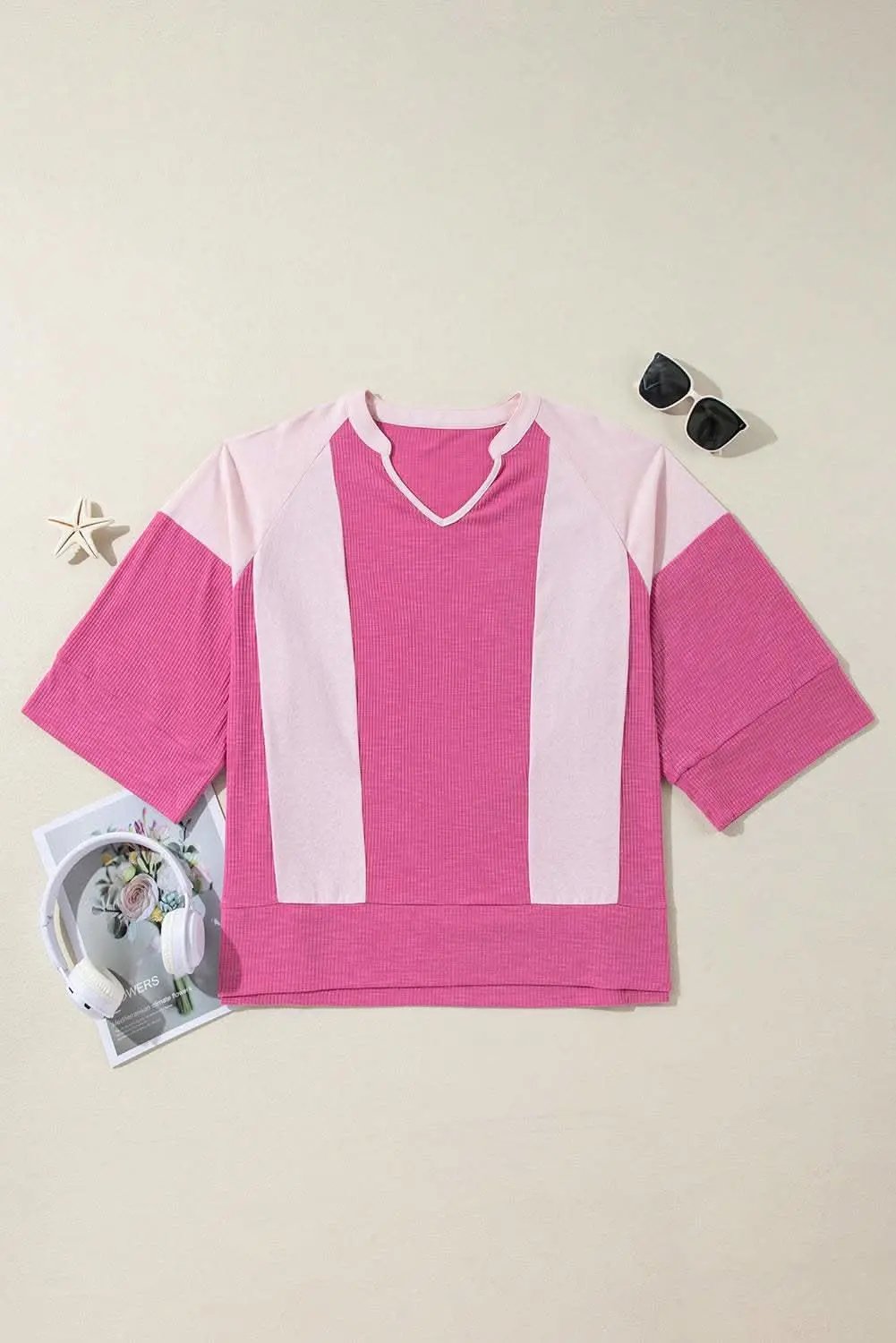 Oversize Top - Pink Colorblock 3/4 Sleeve - Chic Fashion