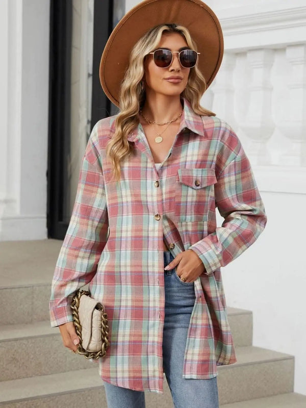 Trendsi Shirts - Plaid collared long sleeve shirt - Premium Quality