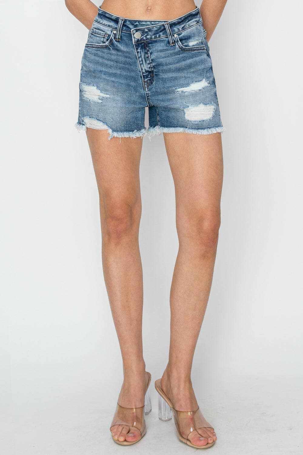 Trendsi Risen Denim Shorts Women's Casual Frayed Hem Stepped Waist