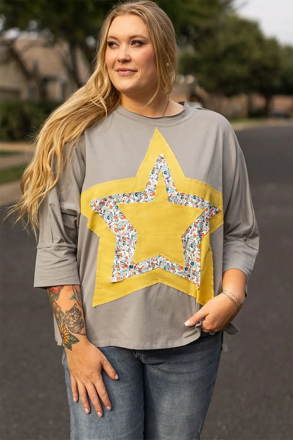 Love Salve Grey Floral Star Plus Size Women's Top: Western Style, Fall Fashion