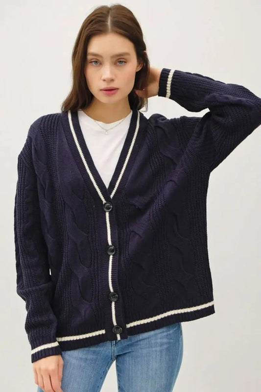 Be Cool Contrast Trim Cable-Knit V-Neck Cardigan by Trendsi