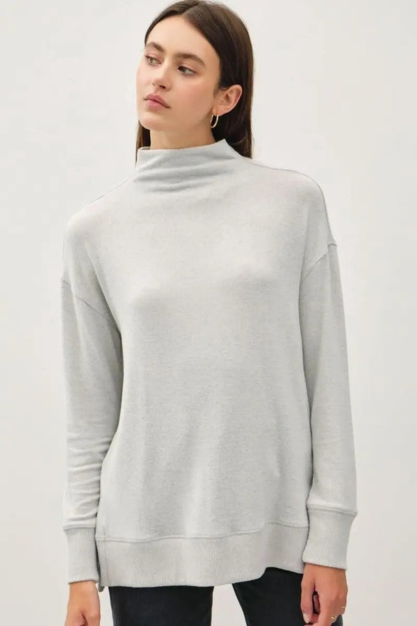 Trendsi Be Cool Side Slit Mock Neck Long Sleeve Tunic Top