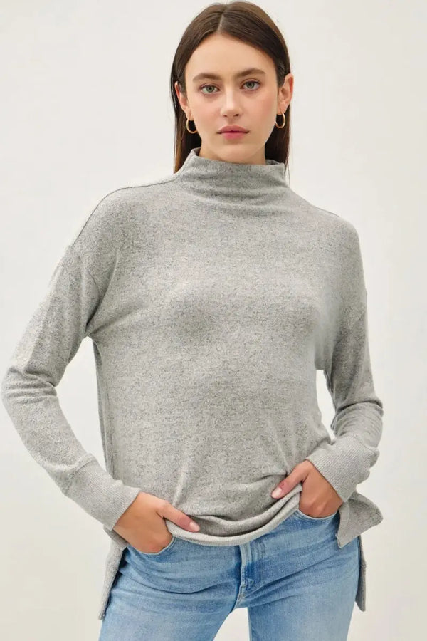 Trendsi Be Cool Side Slit Mock Neck Long Sleeve Tunic Top